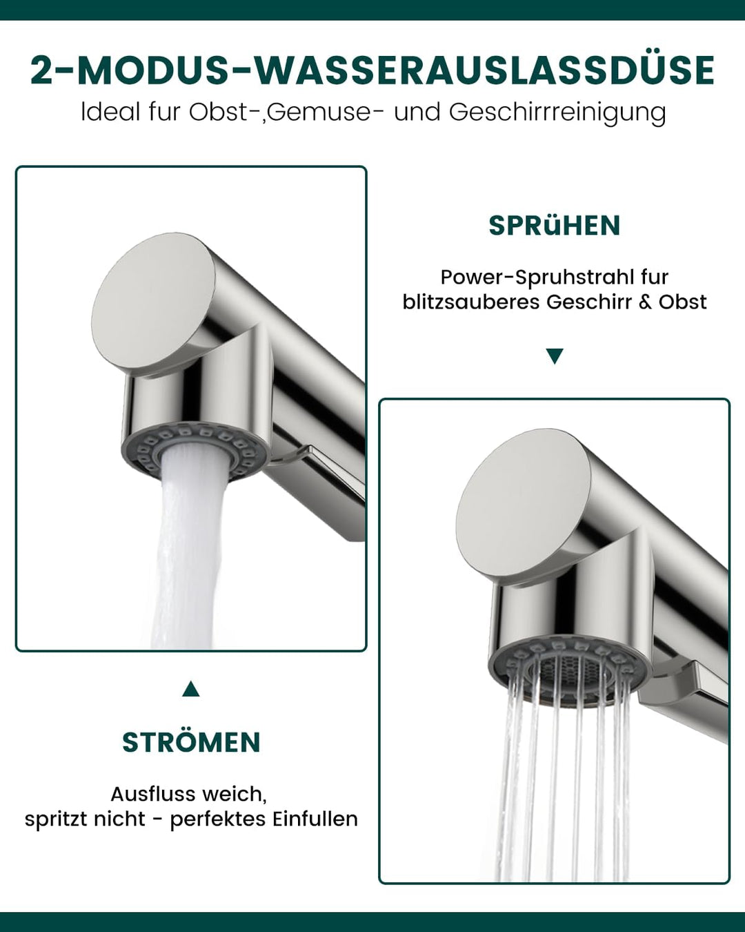 DAYONE Küchenarmatur Schwarz, SUS304 Edelstahl Hochdruck Wasserhahn Küche Ausziehbare Brause mit 2 S