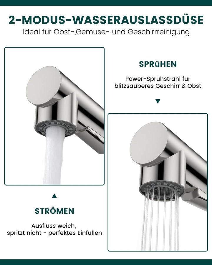 DAYONE Küchenarmatur Schwarz, SUS304 Edelstahl Hochdruck Wasserhahn Küche Ausziehbare Brause mit 2 S