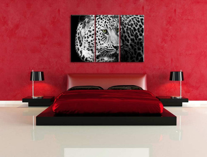 Pixxprint Dark Leopard mit grünen Augen als Leinwandbild | Grösse: 3 Teilig (120x80) | Wandbild| Kun