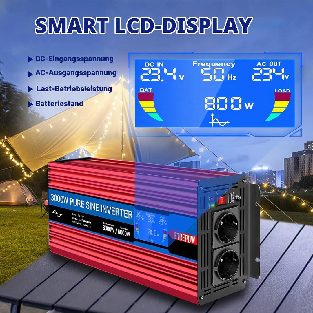 ETREPOW Spannungswandler 3000w 24v Auf 230v Reiner Sinus Wechselrichter mit 2 EU-Steckdose und Einer
