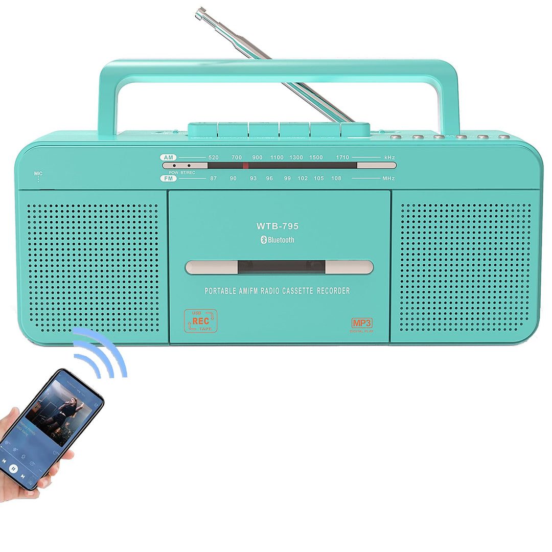 WTB-795 Retro Kassettenspieler mit USB/Bluetooth/AM/FM-Radio-Stereo, integriertem Mikrofonrecorder,