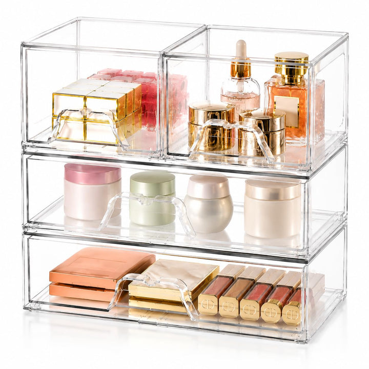 4er Set Kosmetik Organizer mit Schubladen, Stapelbar, Transparent | 4 separate Boxen – einzeln, nebe