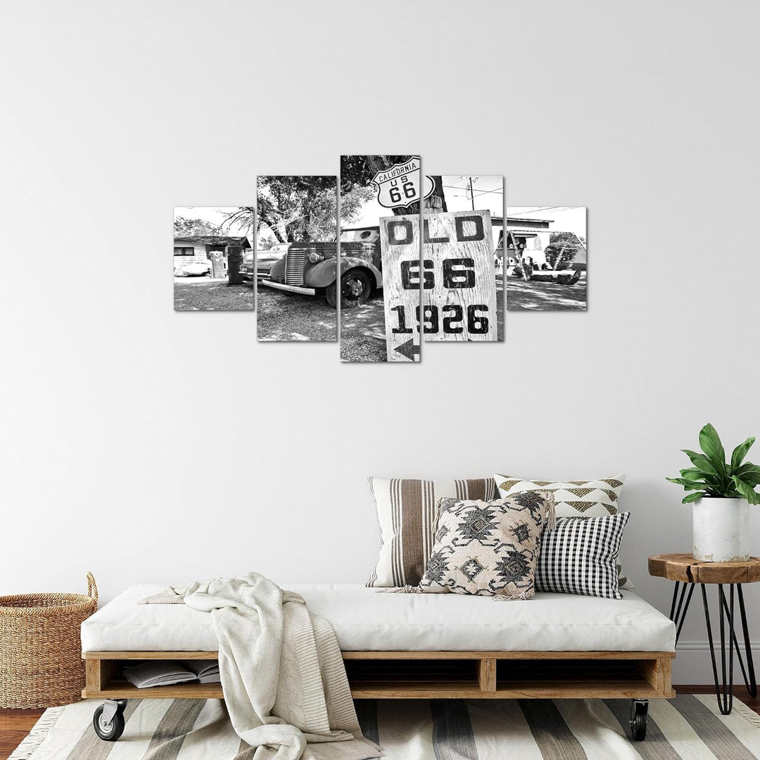 Runa Art Bild Wohnzimmer Auto Route 66 5 Teilig Vintage Schwarz Weiss Wandbilder auf Vlies Leinwand