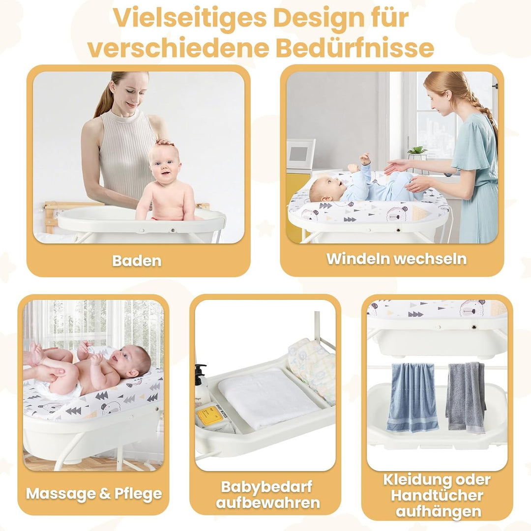 COSTWAY 4 in 1 Wickeltisch klappbar mit Badewanne, tragbare Wickelkommode mit Wickelauflage, mobile