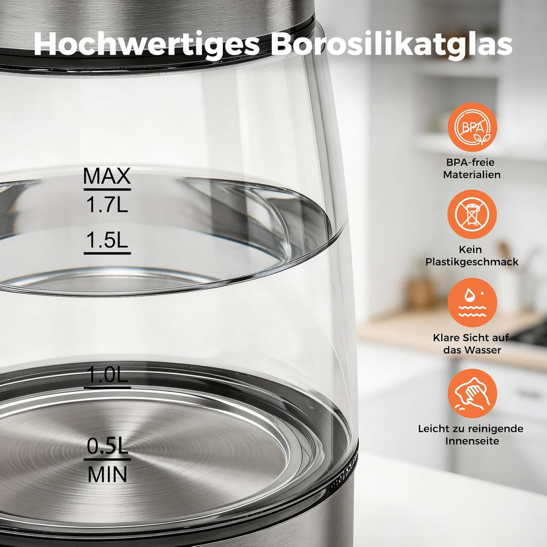 YASHE Wasserkocher Glas 1,7L 2200W Schnellkochend Mit LED-Licht | Edelstahlboden, Kalkfilter, Abscha