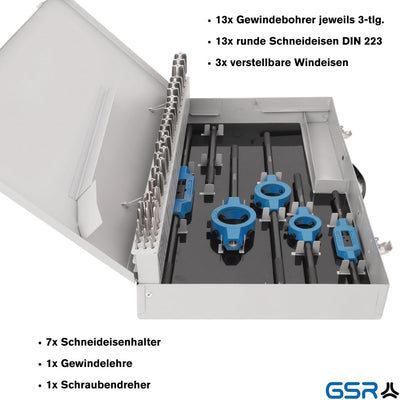 GSR PROFI Gewindeschneidsatz M3-M24, 64-teilig, HSSG Bohrer Set, Mit Vor- Mittel- & Fertigschneider,