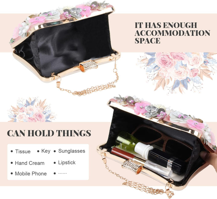 Fecialy Blumen-Clutch-Abendtaschen für Damen mit bunten Blumen-Metall-Strasssteinen Abend-Clutch-Gel