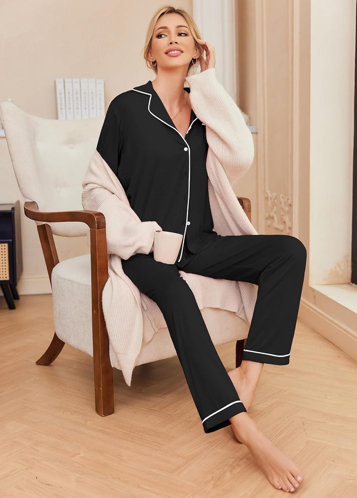 Ekouaer Damen Pyjama Langarm Nachtwäsche Casual Button Down Loungewear Weich Pjs Set S-XXL S Schwarz