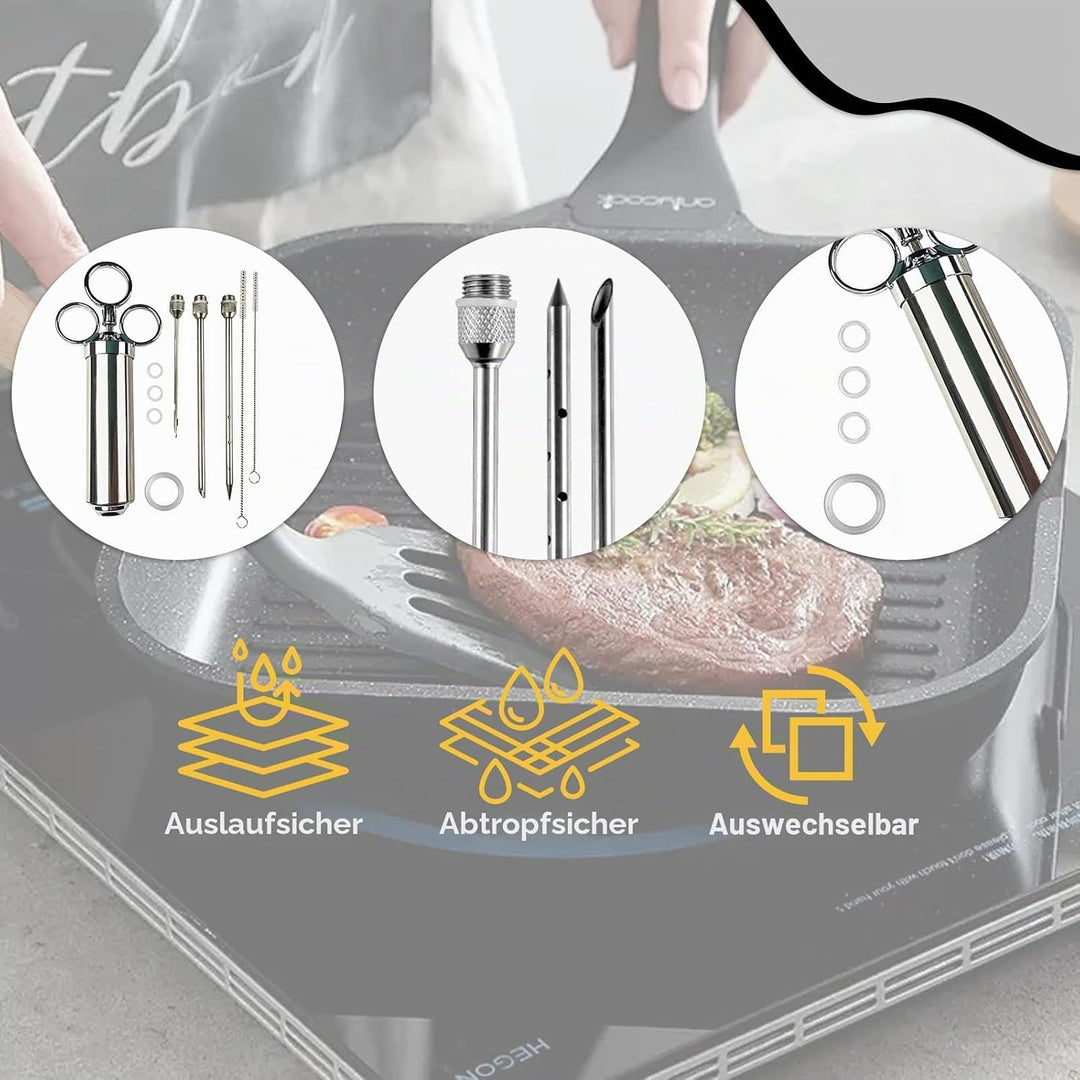 KATKLIU Fleischspritze Set aus Edelstahl 60ml mit 3 Nadeln – BBQ Marinadenspritze und Bratenspritze