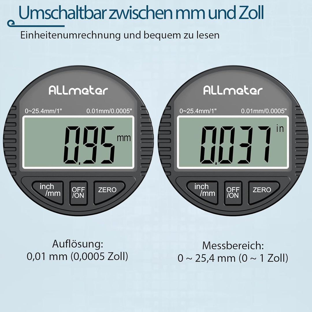 ALLmeter Digitale Messuhr 0,01 mm / 0,0005'', Präzise Messuhr Digital mit LCD-Display, Messbereich 0