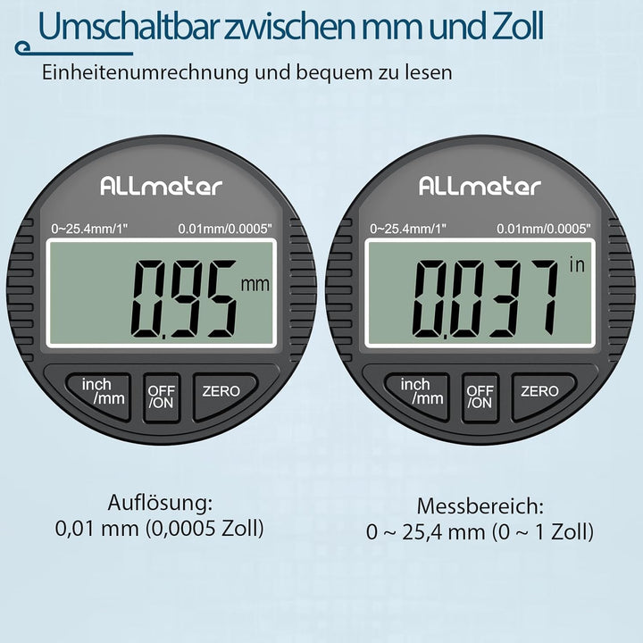 ALLmeter Digitale Messuhr 0,01 mm / 0,0005'', Präzise Messuhr Digital mit LCD-Display, Messbereich 0