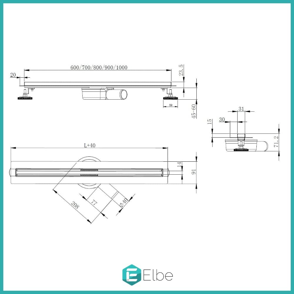 Elbe Duschrinne 60cm Extra Flach 304 Edelstahl Bodenablauf Komplettset Haarsieb Bodenablauf, Siphon
