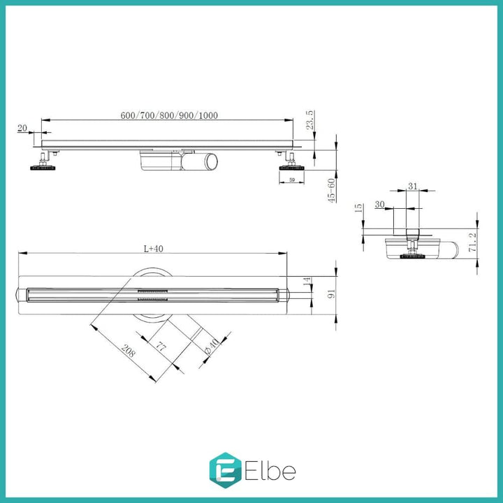 Elbe Duschrinne 60cm Extra Flach 304 Edelstahl Bodenablauf Komplettset Haarsieb Bodenablauf, Siphon