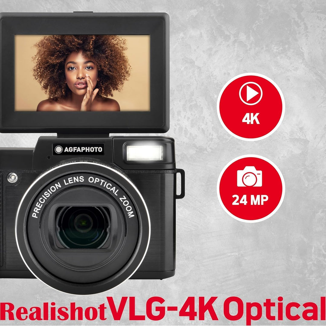 AGFA PHOTO – All-in-one-Vlogging-Set: Kamera VLG-4K Optical, Powerbank-Stativ, Fernbedienung, Mikrof
