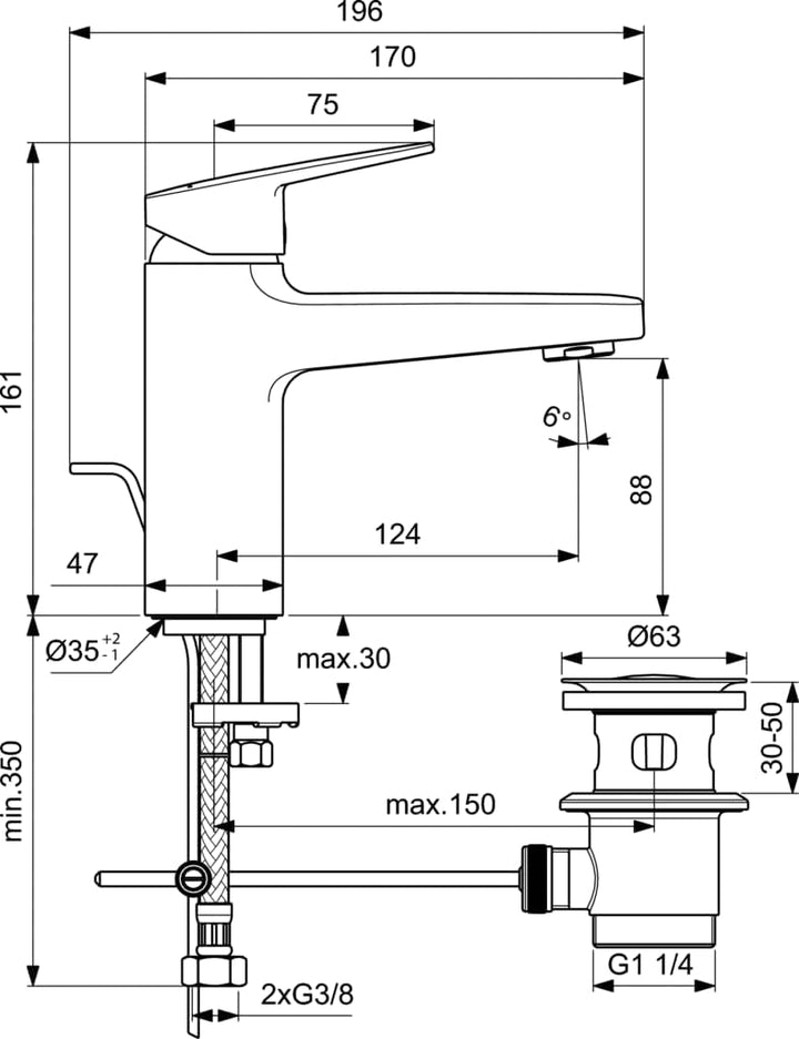 Ideal Standard BD227AA Ceraplan Waschtischarmatur H90, mit Zugknopf-Ablaufgarnitur, Ausladung 12,4 c