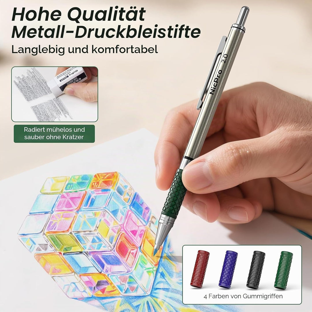 Nicpro 2mm Druckbleistifte Set, 4 Stücke Fallminenstift Metall Mechanische Bleistifte 2,0 mm,3 Dosen