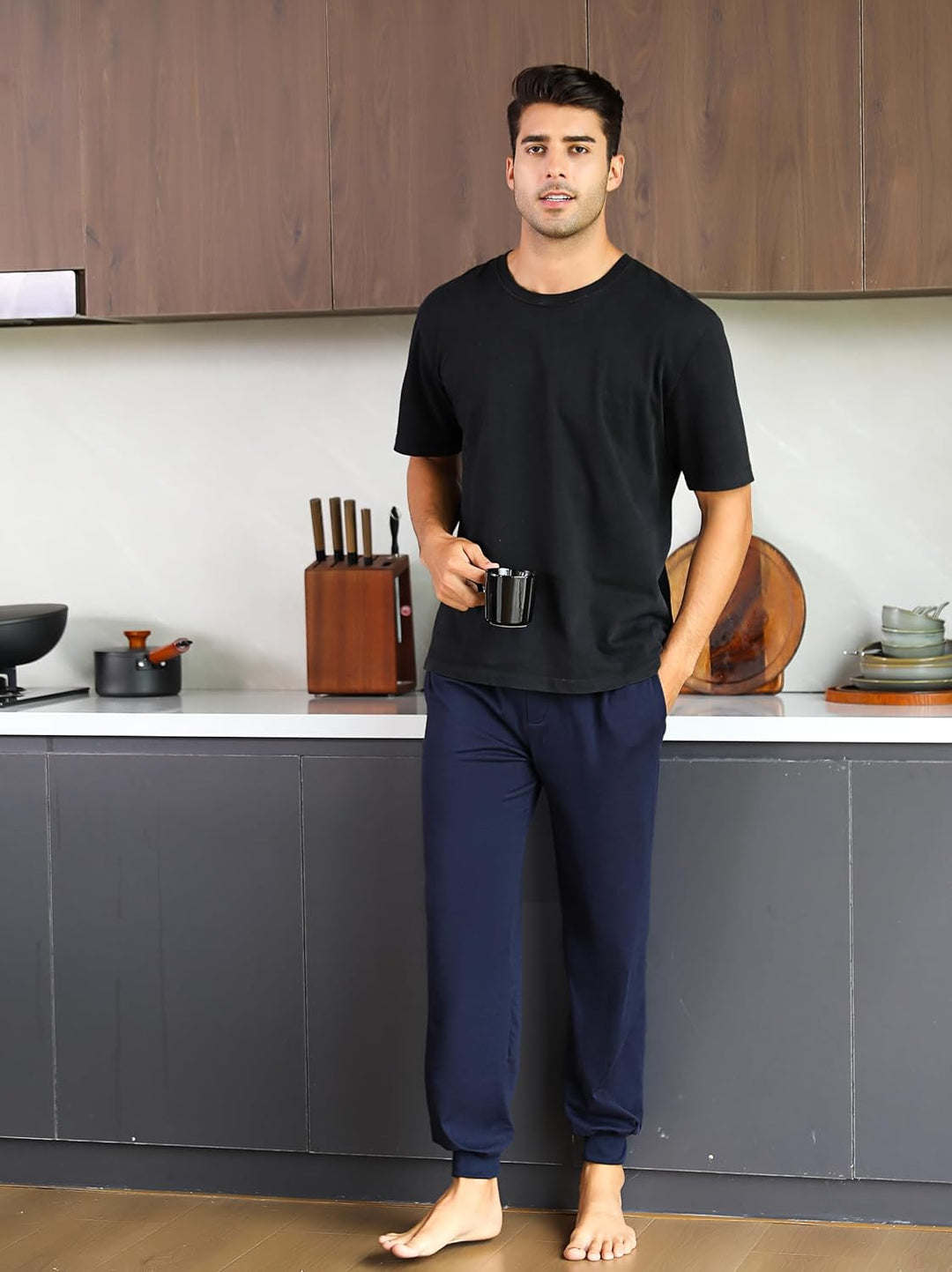 Marvmys Schlafanzughose Herren Lang mit Bündchen Einfarbige Pyjamahose für Männer Schlafhose Haushos