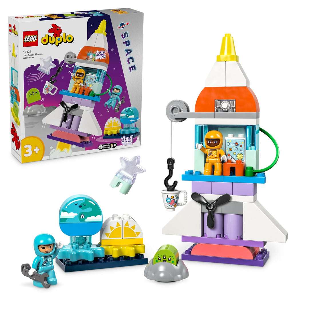 LEGO DUPLO 3-in-1-Spaceshuttle für viele Abenteuer, Weltraum-Set mit Raketen-Spielzeug für Kinder zu