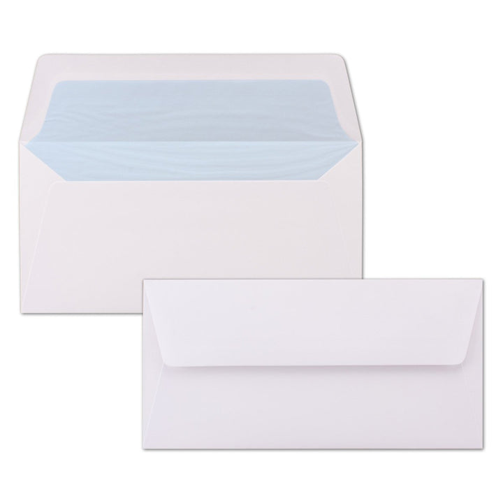 400 Briefumschläge Weiss - DIN Lang - gefüttert mit hellblauem Seidenpapier - 22 x 11 cm - Nassklebu