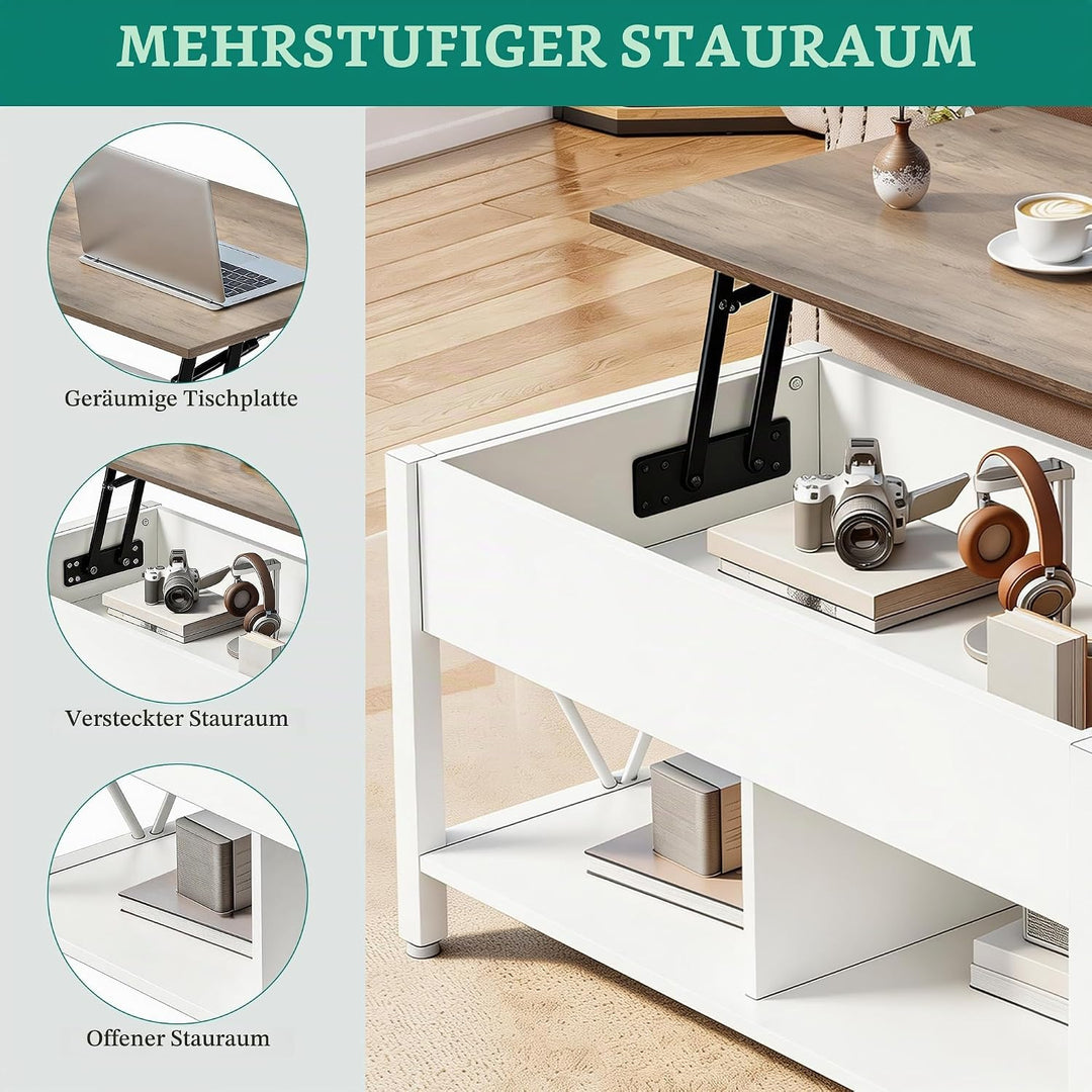YITAHOME Couchtisch mit Anhebbarer Platte, Leicht Anzuheben, 2-Stufiger Stauraum, Höhenverstellbarer