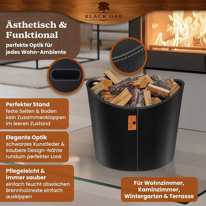 BLACK OAK DAKOTA L 40L Holzkorb für Kaminholz - Kunstleder schwarz 30kg Traglast - 40 Liter 40x38x32