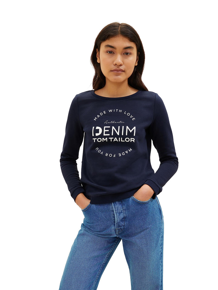 TOM TAILOR Denim Damen Sweater mit Logo-Print & Raffarm M 10668 - Sky Captain Blue, M 10668 - Sky Ca