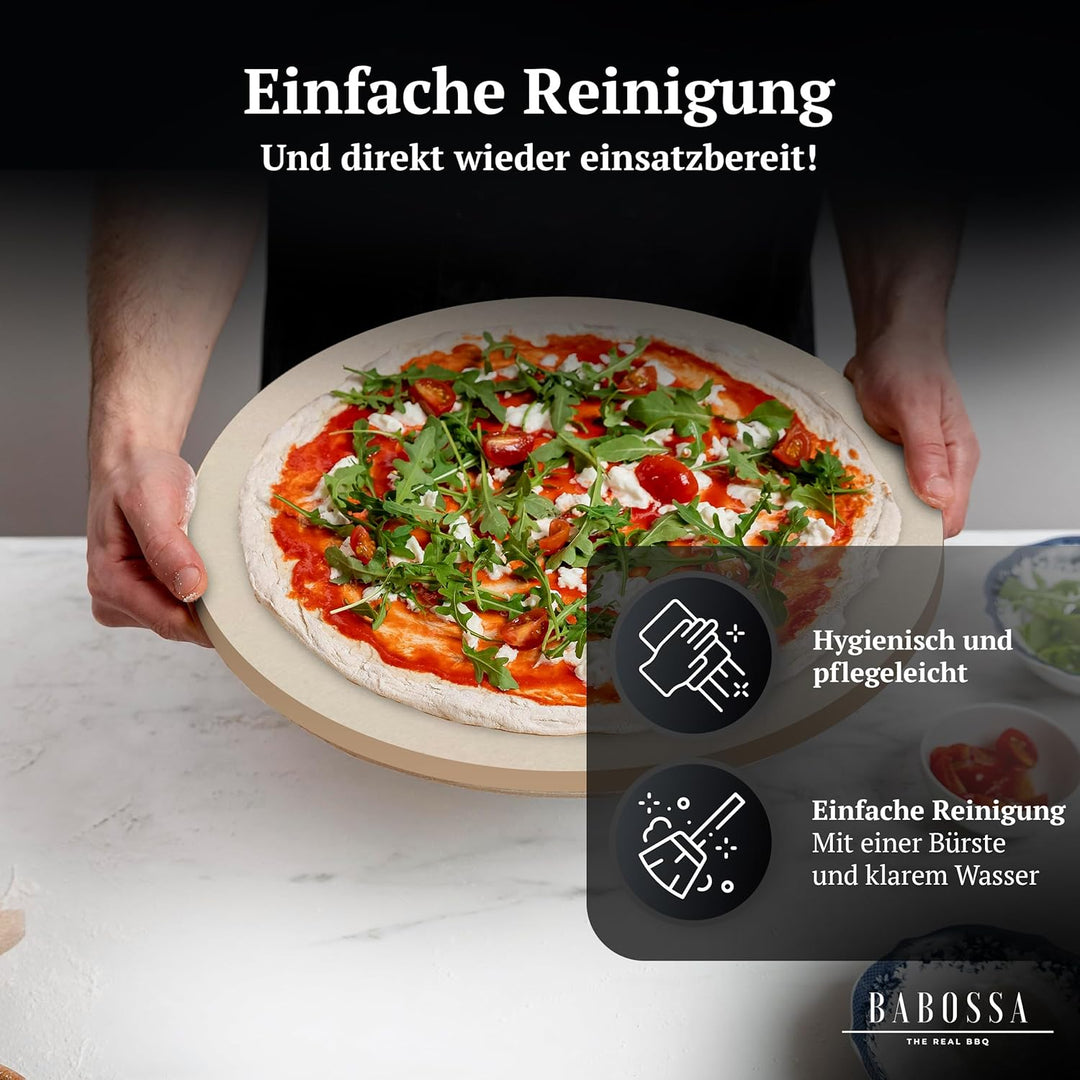 BABOSSA Pizzastein für den Grill | Ø32x3cm – Hochwertiger Cordierit Backstein – Knuspriger Boden, vi