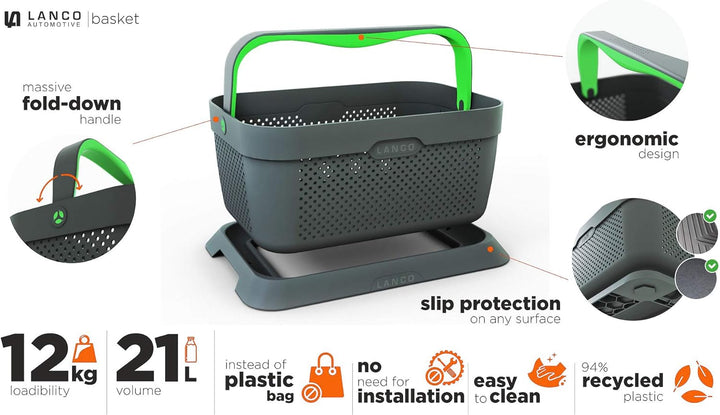 LANCO 21l Stabiler Einkaufskorb/Einkaufstasche inkl. Rutschfester Kofferraum Halterung (ergonomische