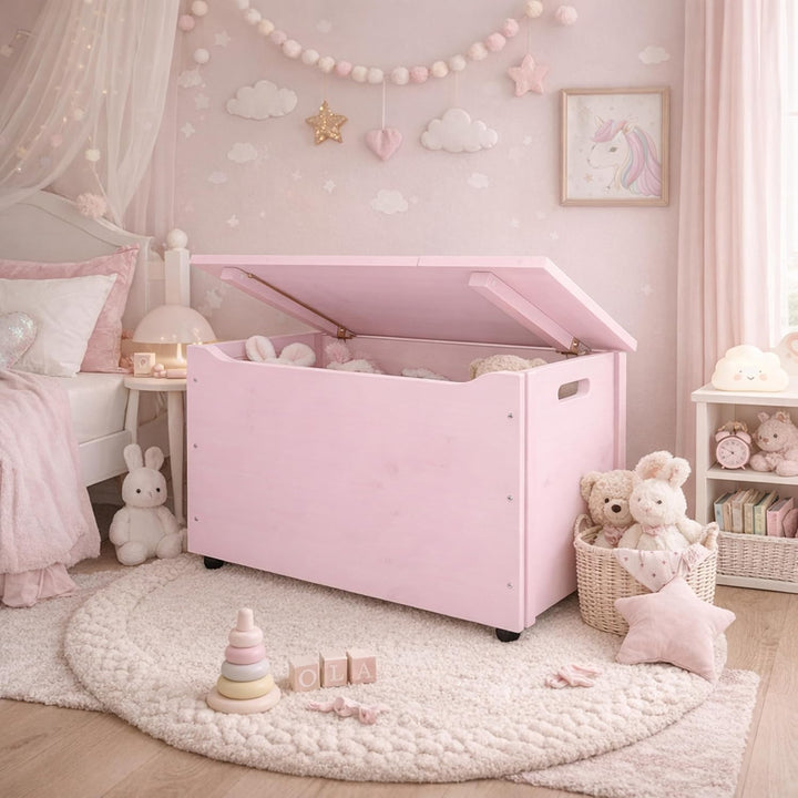 Pinus Spielzeugkiste 90x48x51 cm mit Deckel Rollen Kinderzimmer Rosa | Kiefernholz, grosse Aufbewahr