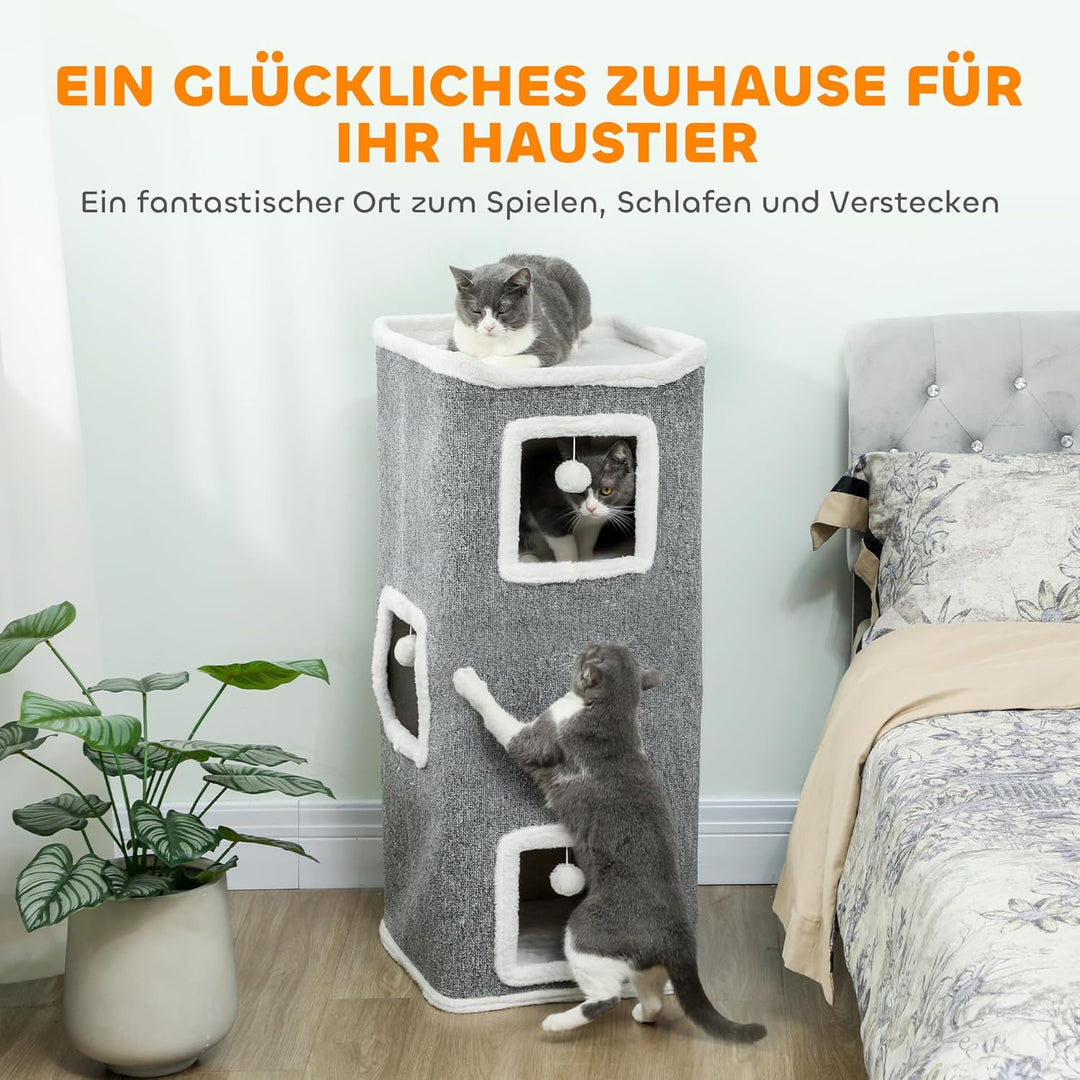PawHut Kratztonne 100 cm Hoch 41 x 41 cm vierstöckige Katzentonne mit Spielball, Plüschrand, Katzenh