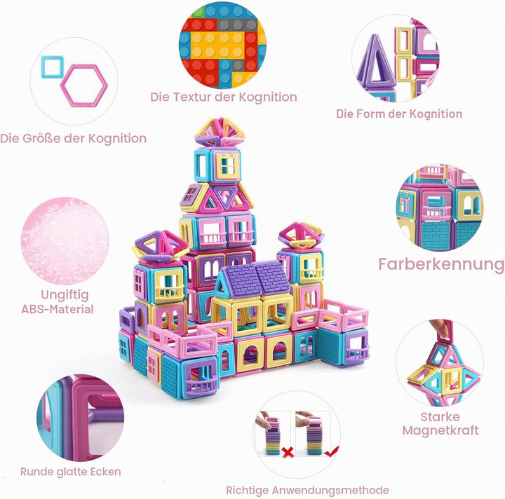 Magnetische Fliesen, 199 Stück, Mini-Magnetbausteine für Mädchen und Jungen, 3D-STEM-pädagogisches L