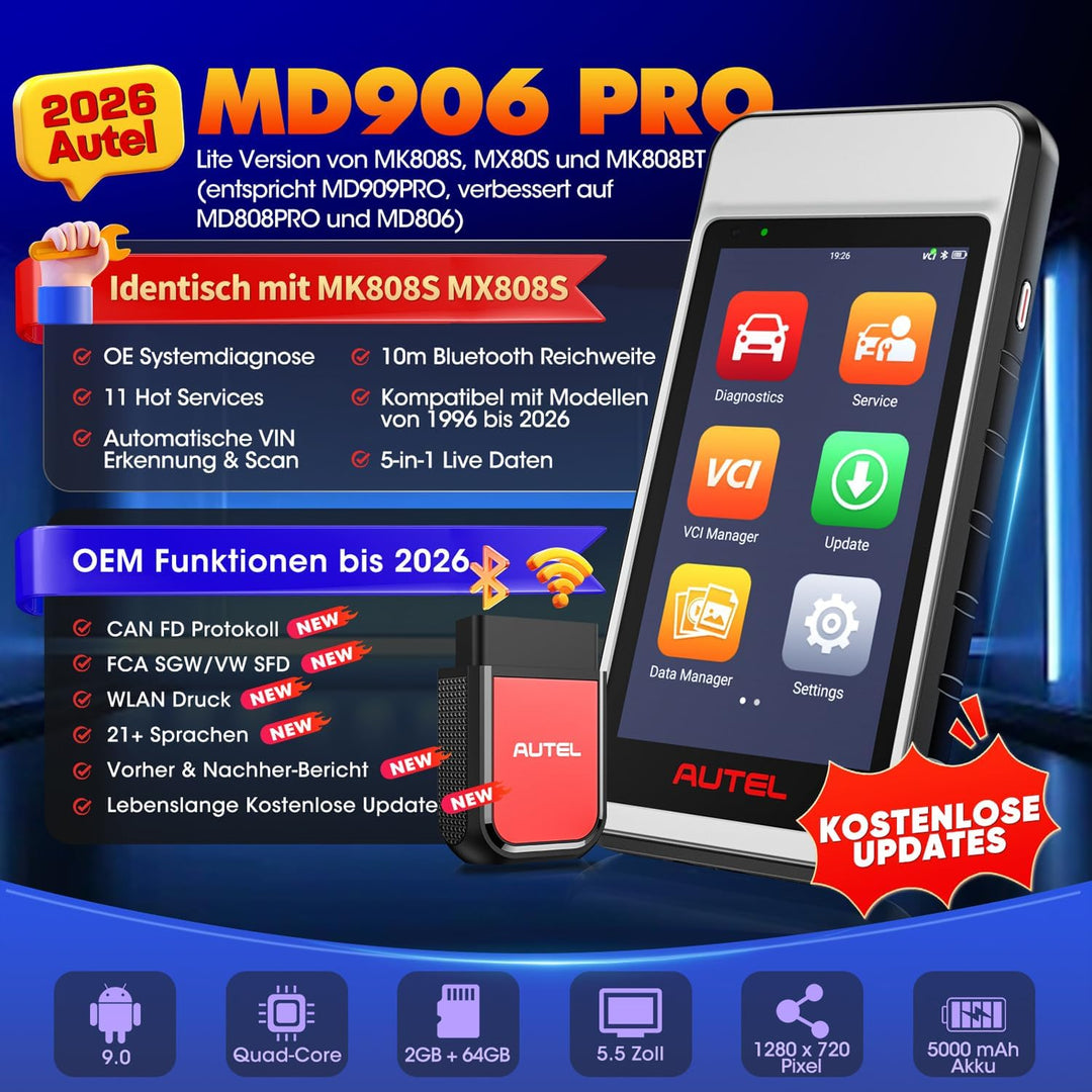 Autel MaxiDIAG MD906 PRO Diagnosegerät, 2026 MD906PRO OBD2 Scanner für Vollständige Systeme, Bluetoo
