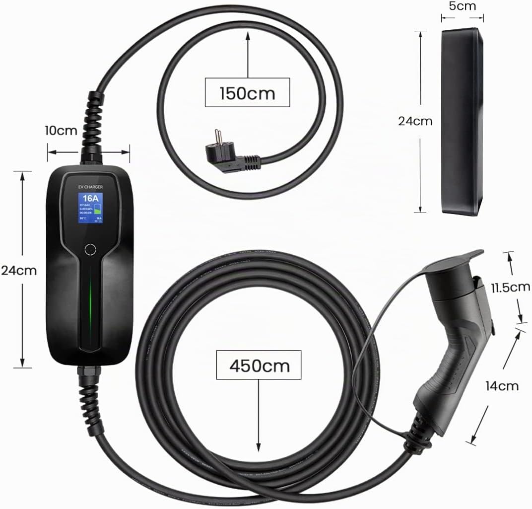 Morec Typ1 Tragbares EV Ladekabel Schaltbare Ladebox 10/16A Ladegerät mit Bildschirm Schuko 2 Pin EV