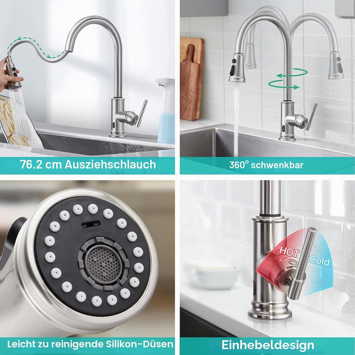 Wasserhahn Küche Touchless Sensor, Hochdruck Küchenarmatur mit Brause Ausziehbar Armatur Smart, Misc