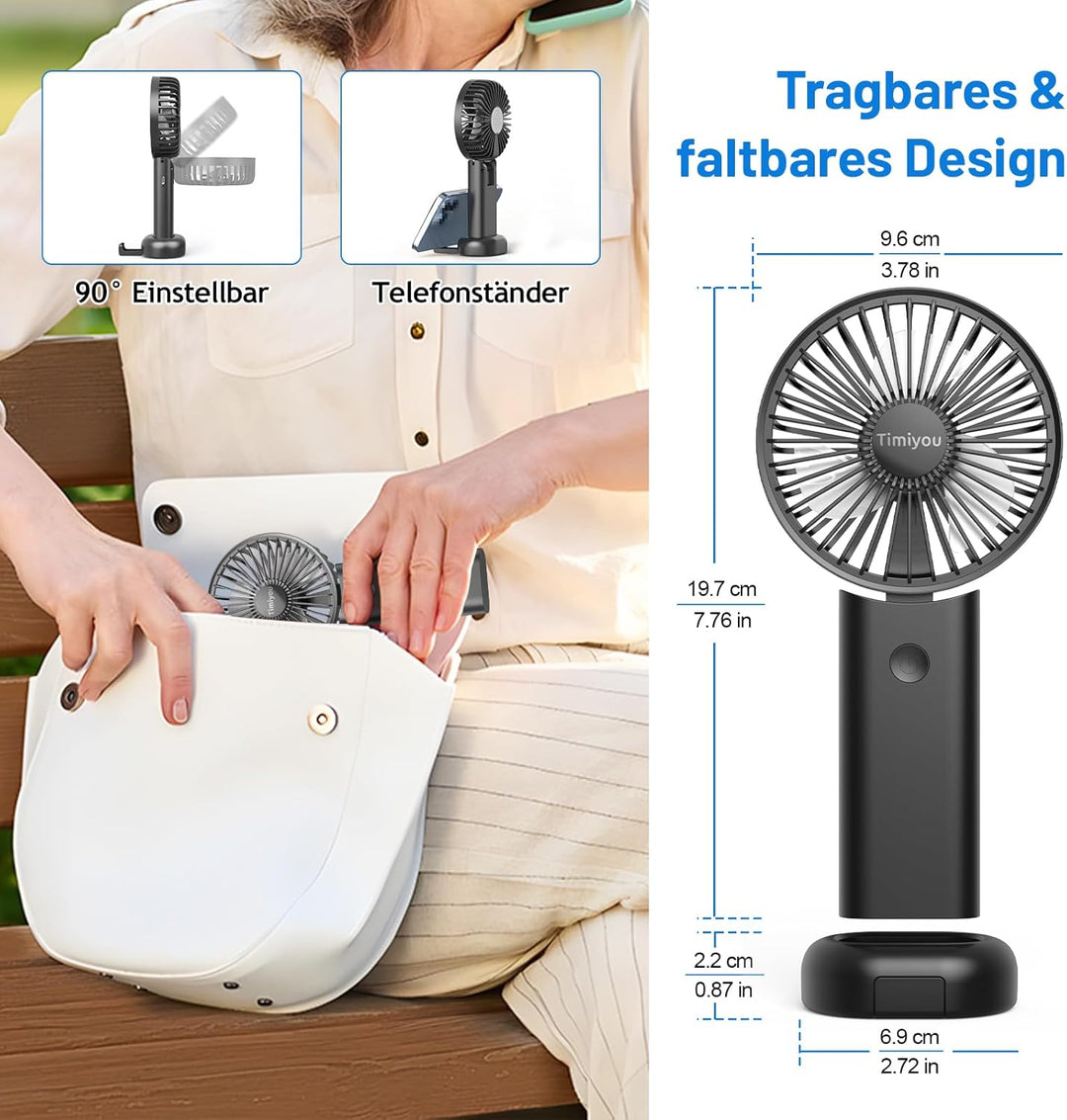 Timiyou Handventilator Mini Tragbarer USB-Lüfter mit 3000mAh Akku – Faltbar, Wiederaufladbar, 90° Ve