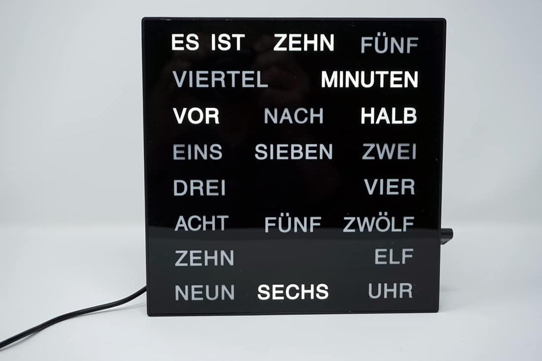 Uhr mit Deutscher LED Wort Anzeige Wortuhr schwarz 20x20 cm Tischuhr Wanduhr