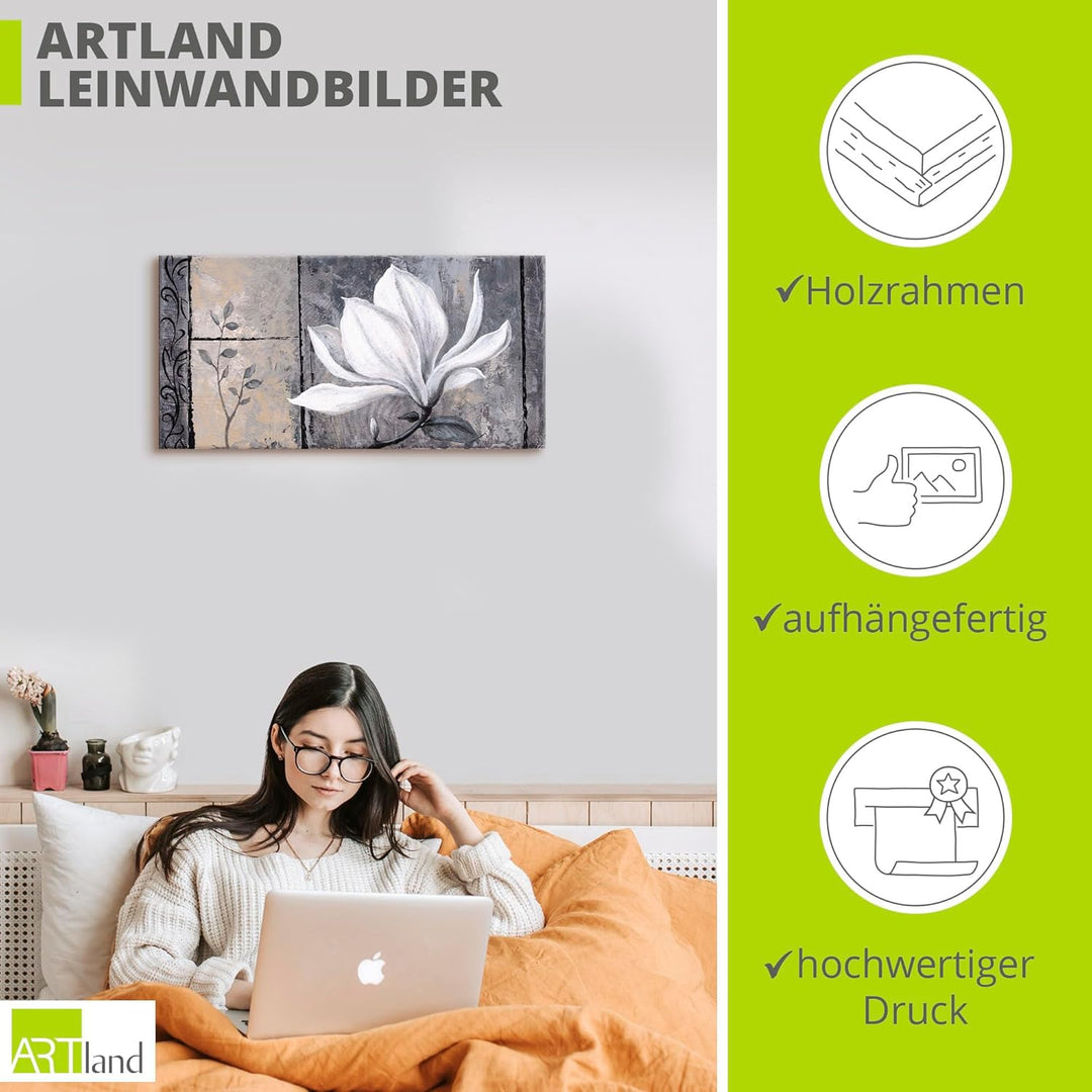 ARTland Leinwandbilder Wandbild Bild auf Leinwand 150 x 75 cm Botanik Blumen Magnolie Malerei Schwar