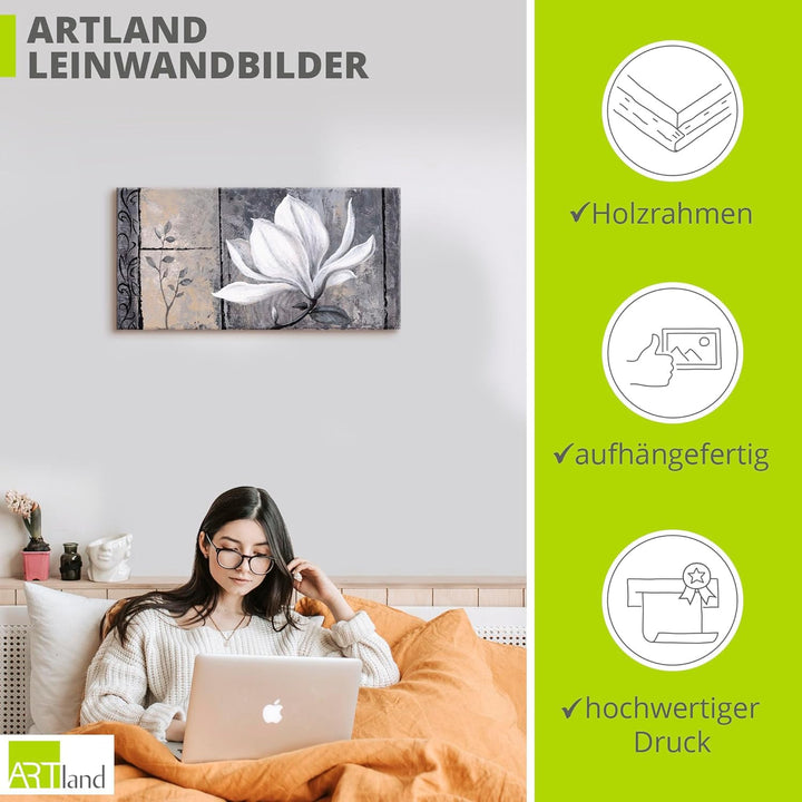 ARTland Leinwandbilder Wandbild Bild auf Leinwand 150 x 75 cm Botanik Blumen Magnolie Malerei Schwar