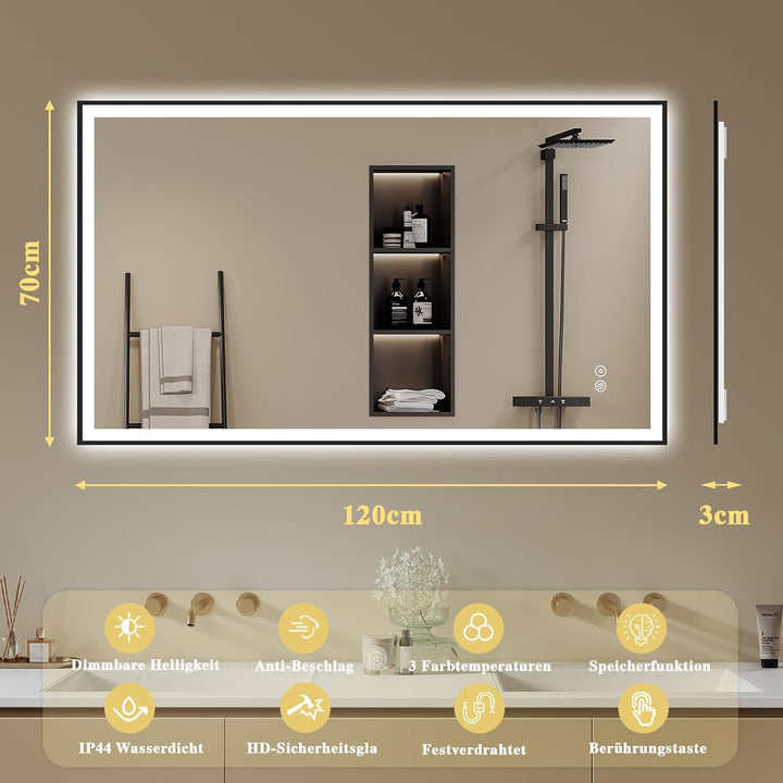 Badspiegel-mit-Beleuchtung 120x70cm - Badezimmerspiegel LED Badezimmer Spiegel mit Beleuchtung - Bes
