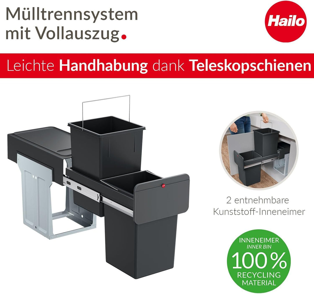 Hailo EcoLine Design L Einbau-Mülltrennungs-System | 2 x 14L | 28L | Duo Mülltrenner mit Vollauszug
