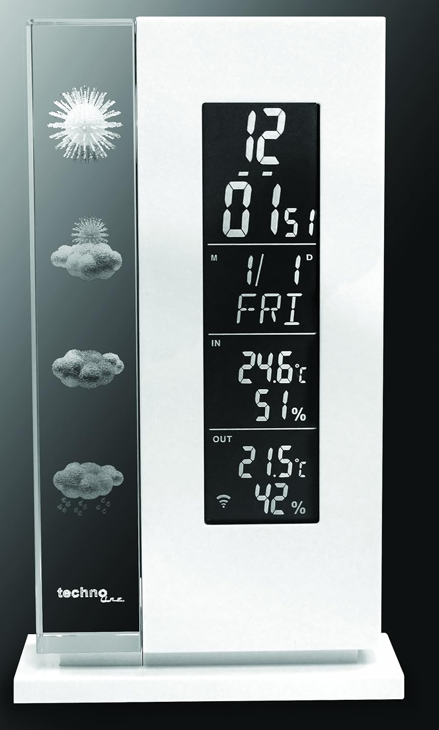 Wetterstation WS 6600 mit Vorhersage von Wettersituation durch in Glas gelaserte 3D-Wettersymbole