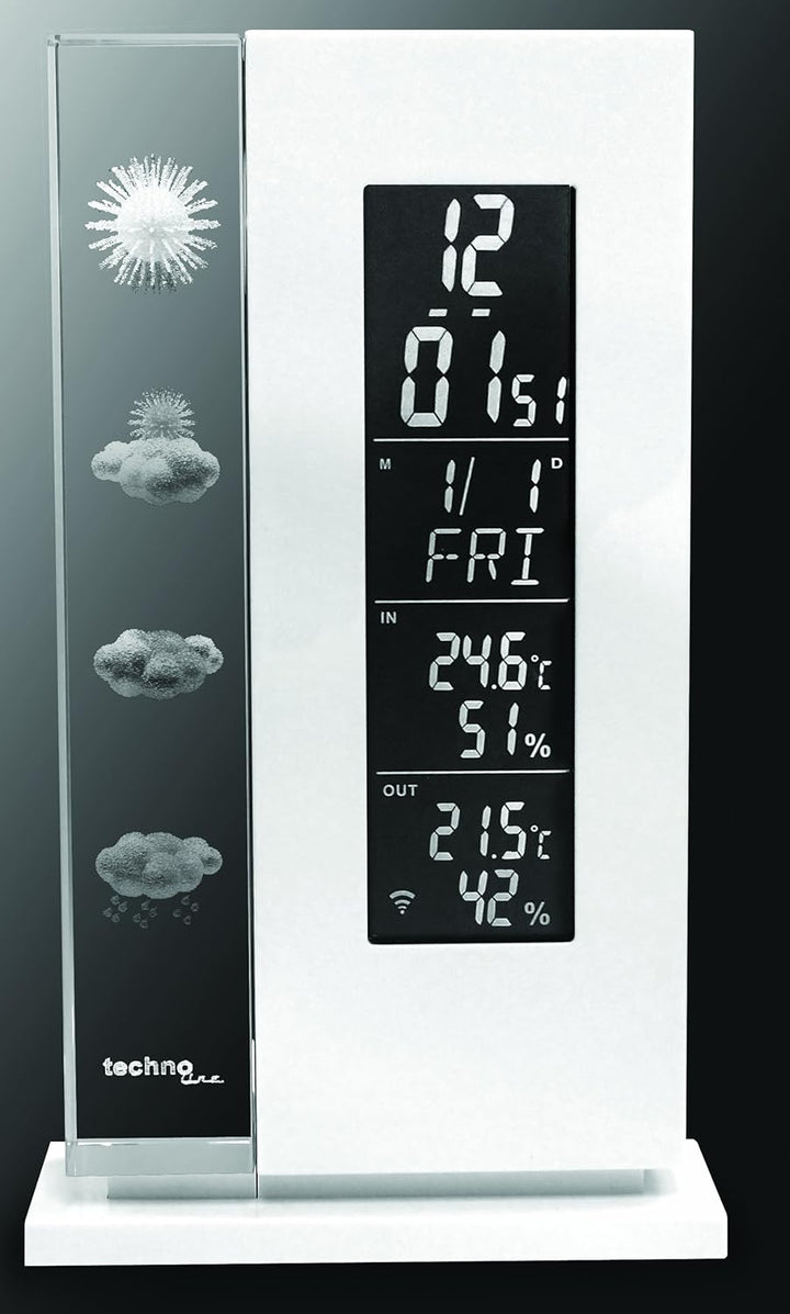Wetterstation WS 6600 mit Vorhersage von Wettersituation durch in Glas gelaserte 3D-Wettersymbole