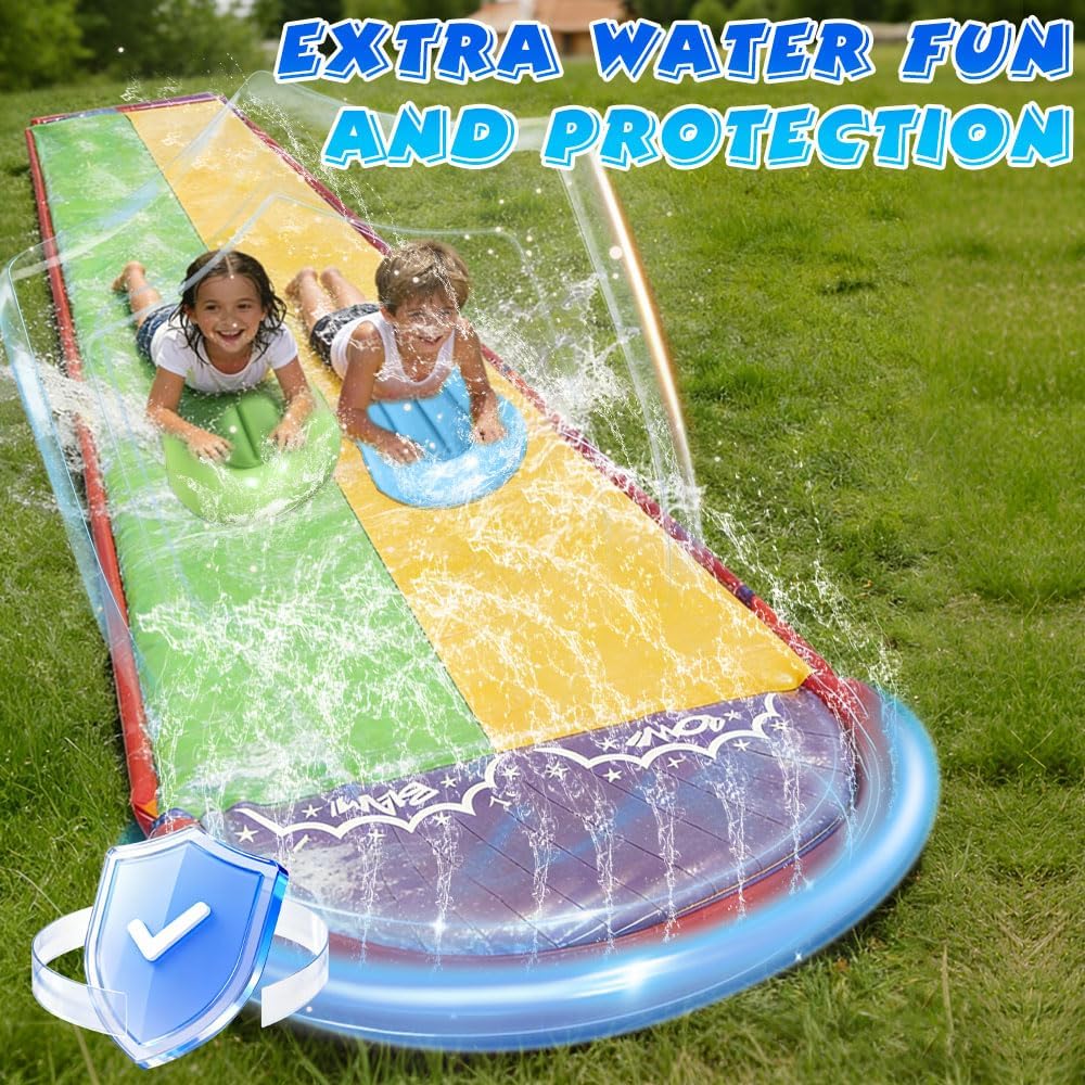 Wasserrutsche Garten für Kinder, 19.7ft/600cm Wasserrutsche mit 2 Bodyboard, Doppelrutsche Wasserrut