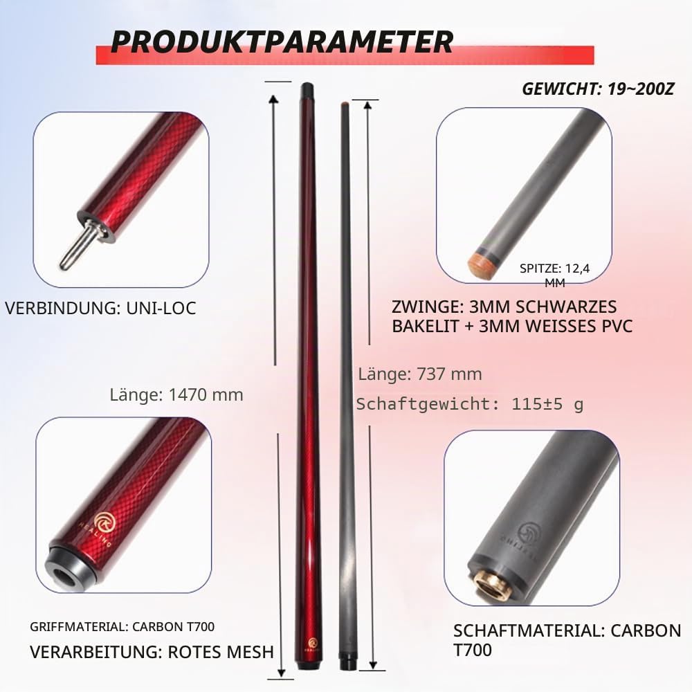 OKHEALING Billardqueue, 58 Zoll, 19 oz, 1/2 Dichtung Carbon Fiber Pool Cube Stick, 12,4 mm (Play Cue