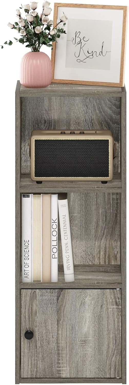 Furinno Luder Bücherregal mit 3 Ebenen und 1 Tür, Holzwerkstoff, Französische Eiche, 3-Tier Französi
