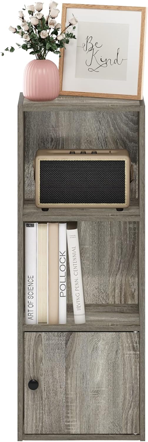 Furinno Luder Bücherregal mit 3 Ebenen und 1 Tür, Holzwerkstoff, Französische Eiche, 3-Tier Französi