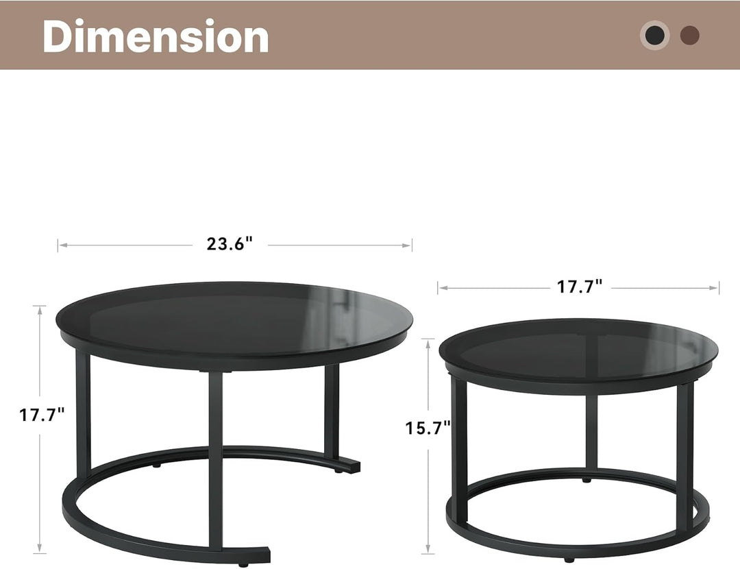 Hawthyhome 2 Stücke Beistelltisch Set rund, Couchtisch aus Glas mit Metallrahmen,Moderne Kaffeetisch