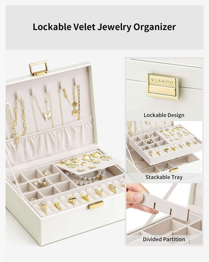 Vlando 2-lagige Schmuckschatulle, grosser Schmuck-Organizer für Frauen, abnehmbares Schmucktablett f