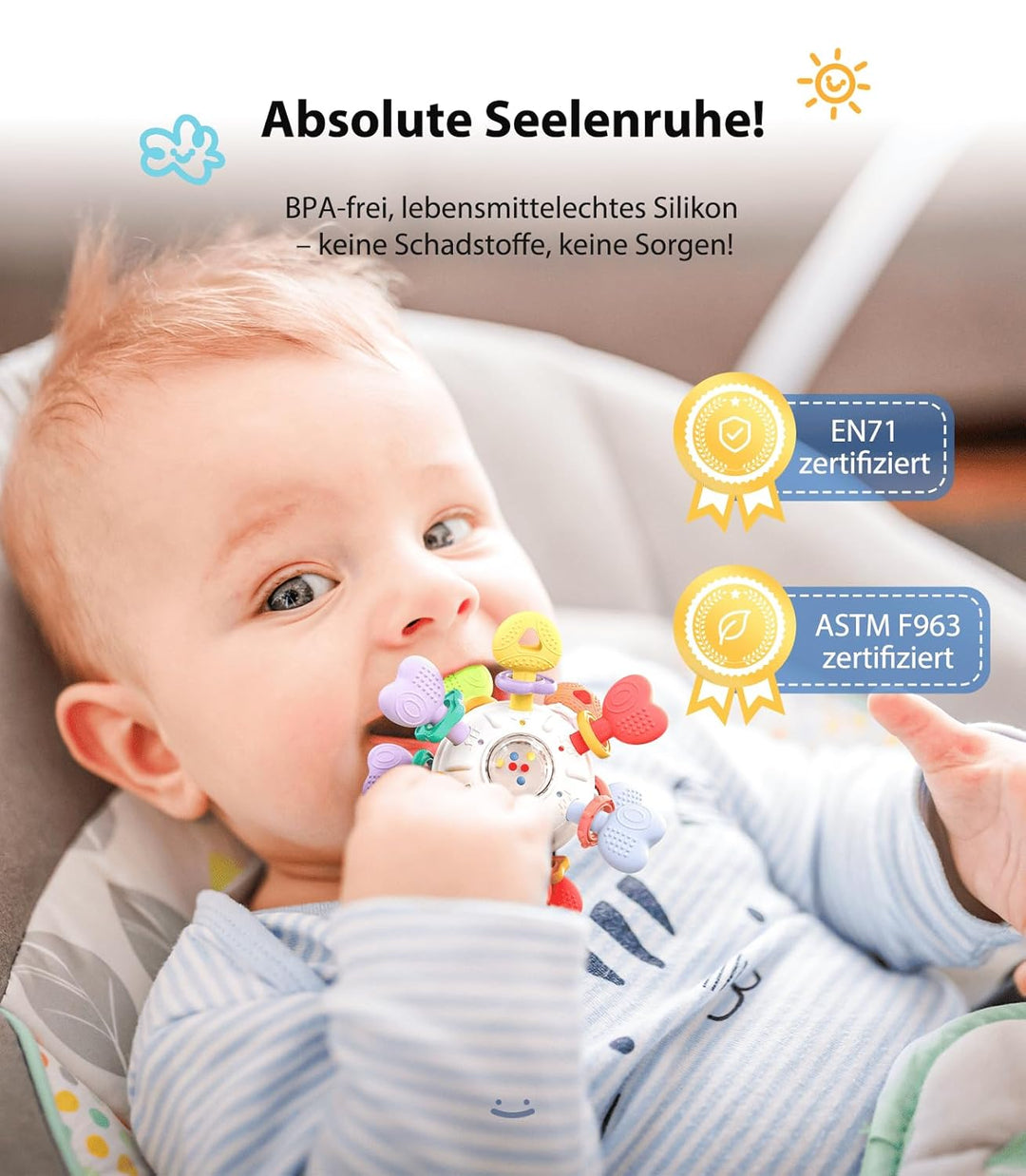 Infinno Baby Greifball & Rassel,BPA-freies Silikon Beissring-Spielzeug für 0-12 Monate, Multifunktio