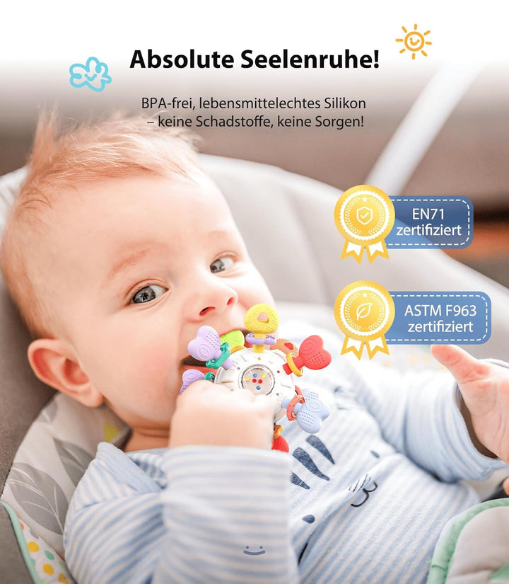 Infinno Baby Greifball & Rassel,BPA-freies Silikon Beissring-Spielzeug für 0-12 Monate, Multifunktio
